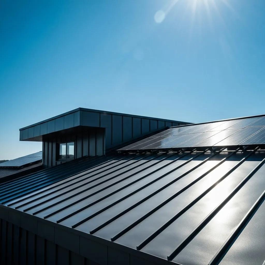 A contemporary metal roof reflecting sunlight, illustrating its energy efficiency and robust durability
