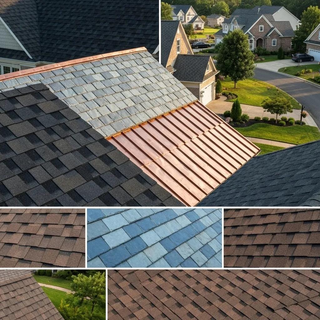 Diverse roofing materials including asphalt shingles, metal roofing, slate tiles, and synthetic composites displayed in a suburban setting