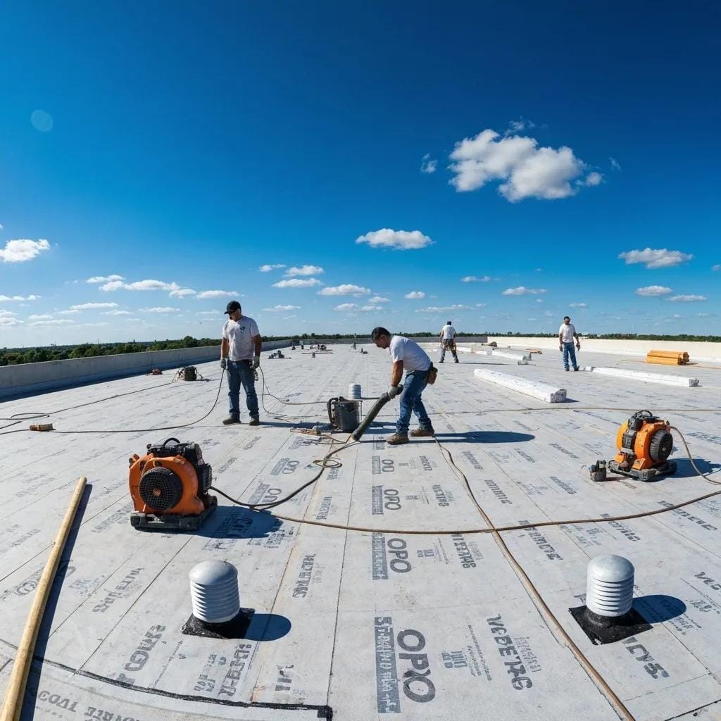 The installation process for flat roofing systems, featuring EPDM and TPO membranes on a commercial building.