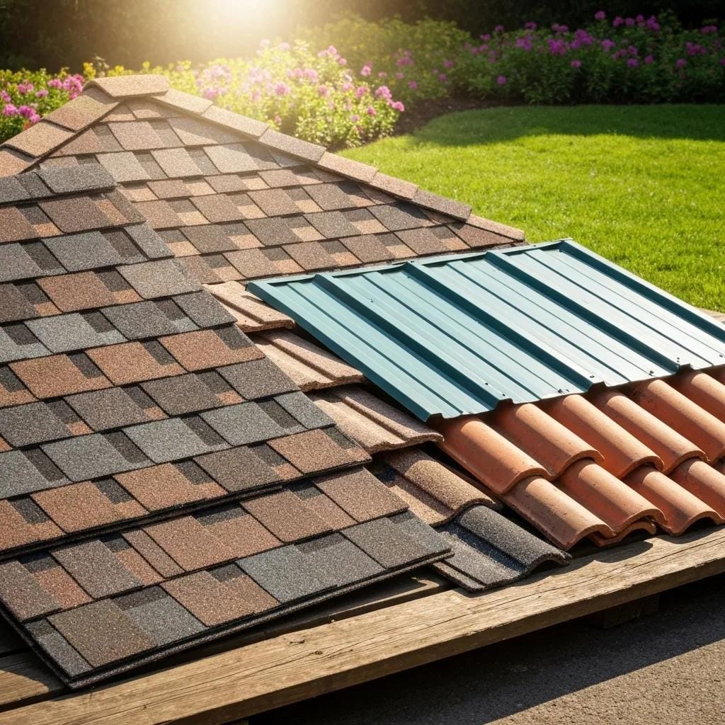 A variety of roofing materials, including asphalt shingles, metal roofing, and clay tiles