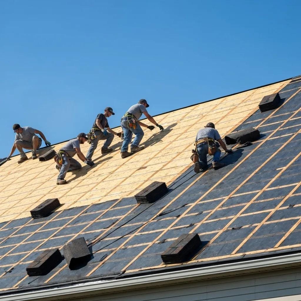 Residential roof replacement in Collegeville, PA with workers installing new roofing materials