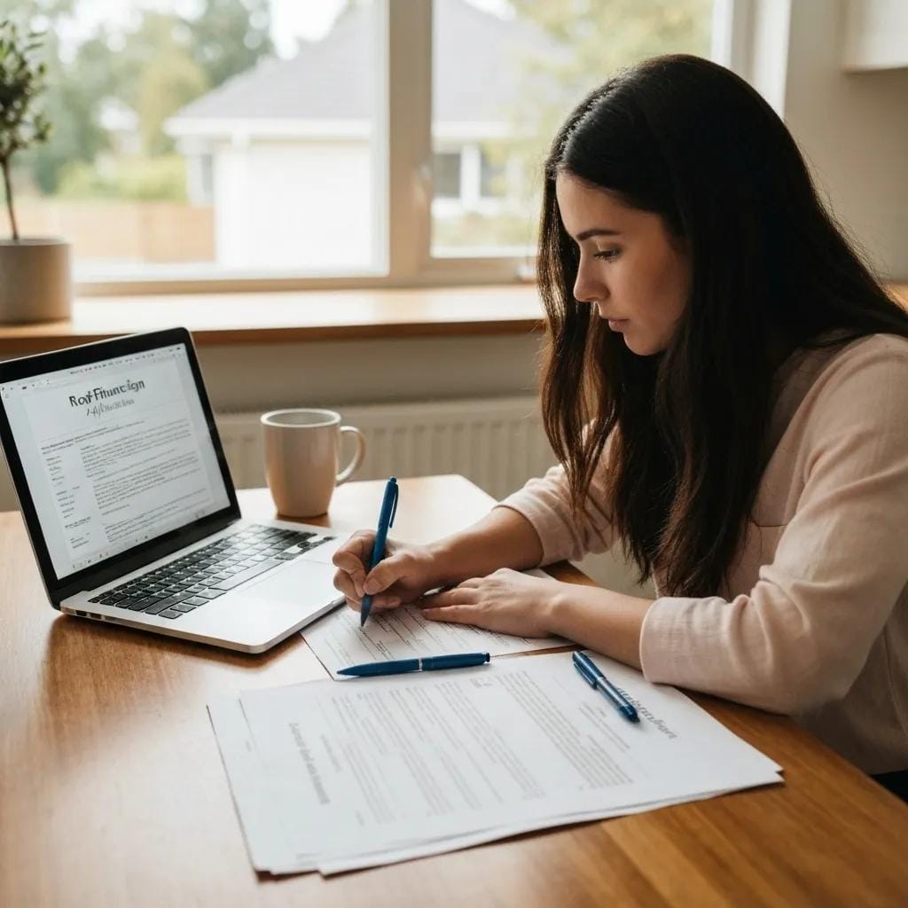 Homeowner filling out a roof financing application at a kitchen table