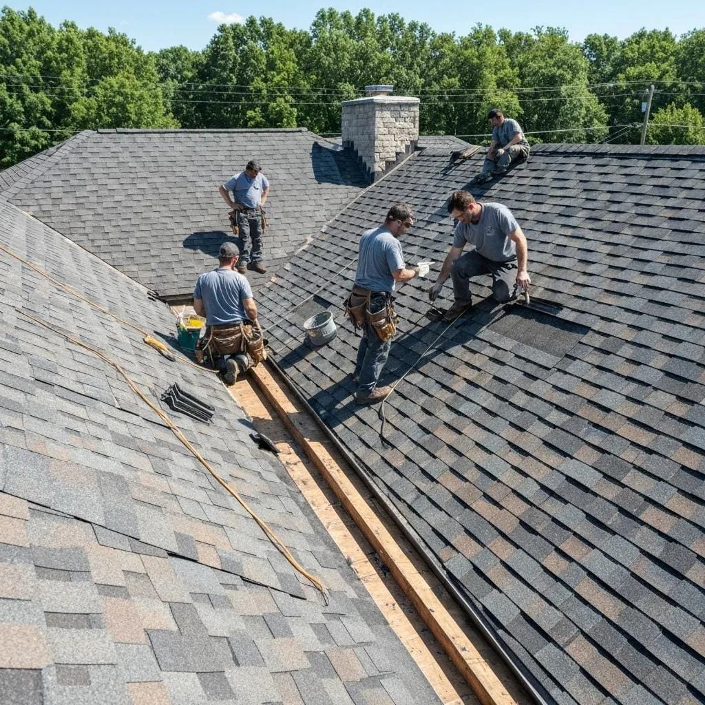 Residential roofing project in Collegeville with professional roofers installing asphalt shingles