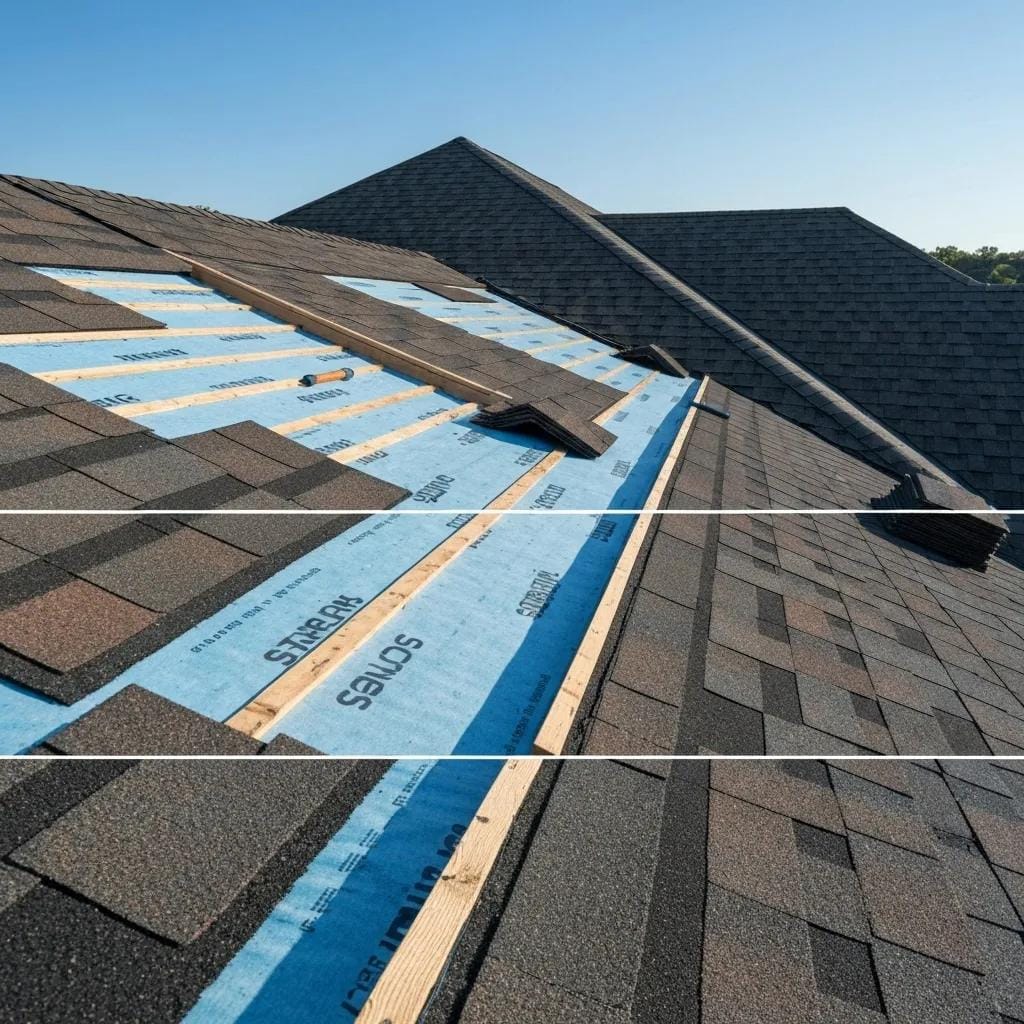 Step-by-step process of asphalt shingle installation on a residential roof, highlighting key techniques and materials