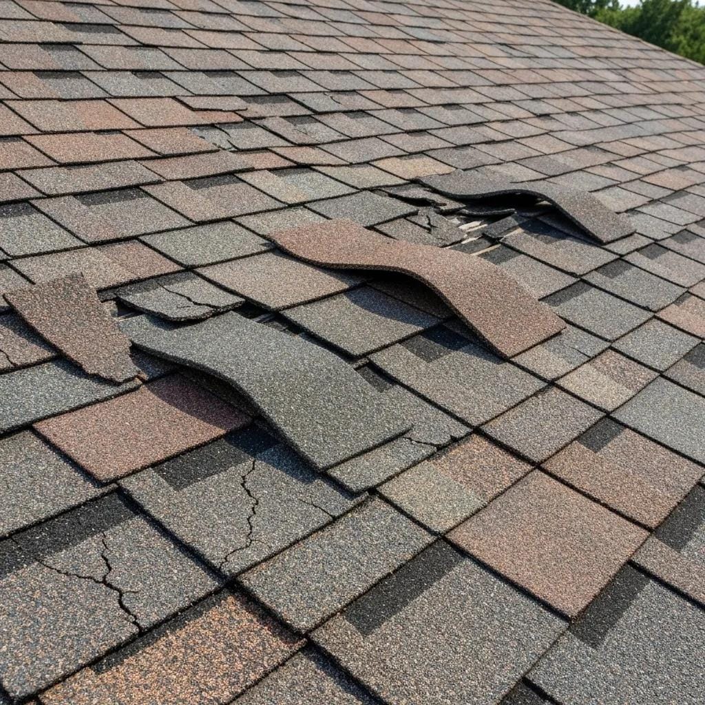 Close-up of curled, cracked, and missing asphalt shingles indicating roof damage