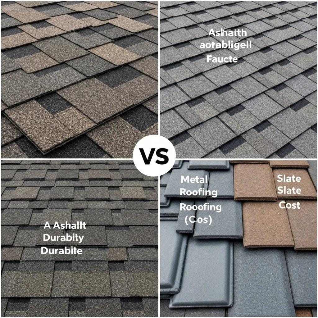 A visual comparison of roofing materials like asphalt shingles, metal roofing, and slate tiles, highlighting their key attributes
