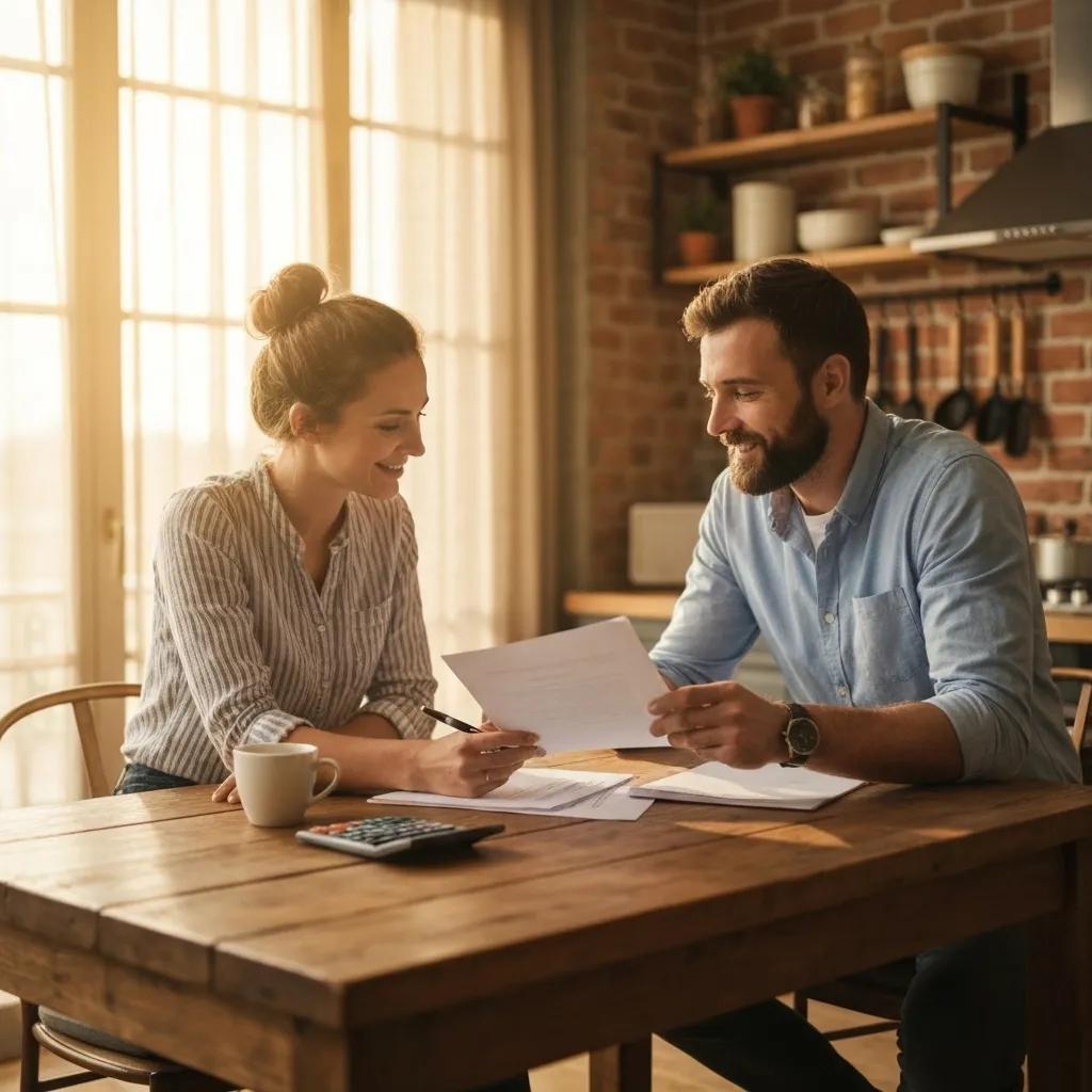 Couple reviewing home equity loan documents in a cozy kitchen setting