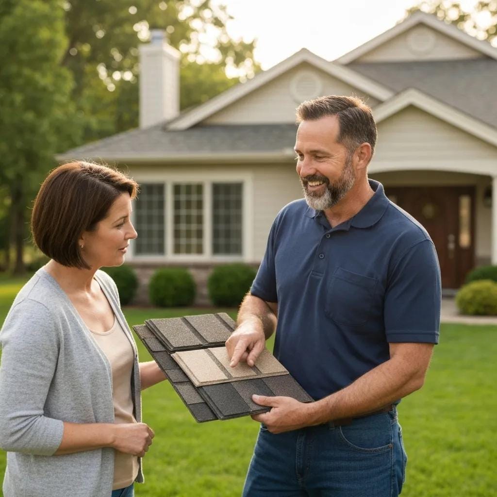 A homeowner discussing roof replacement options with a roofing contractor