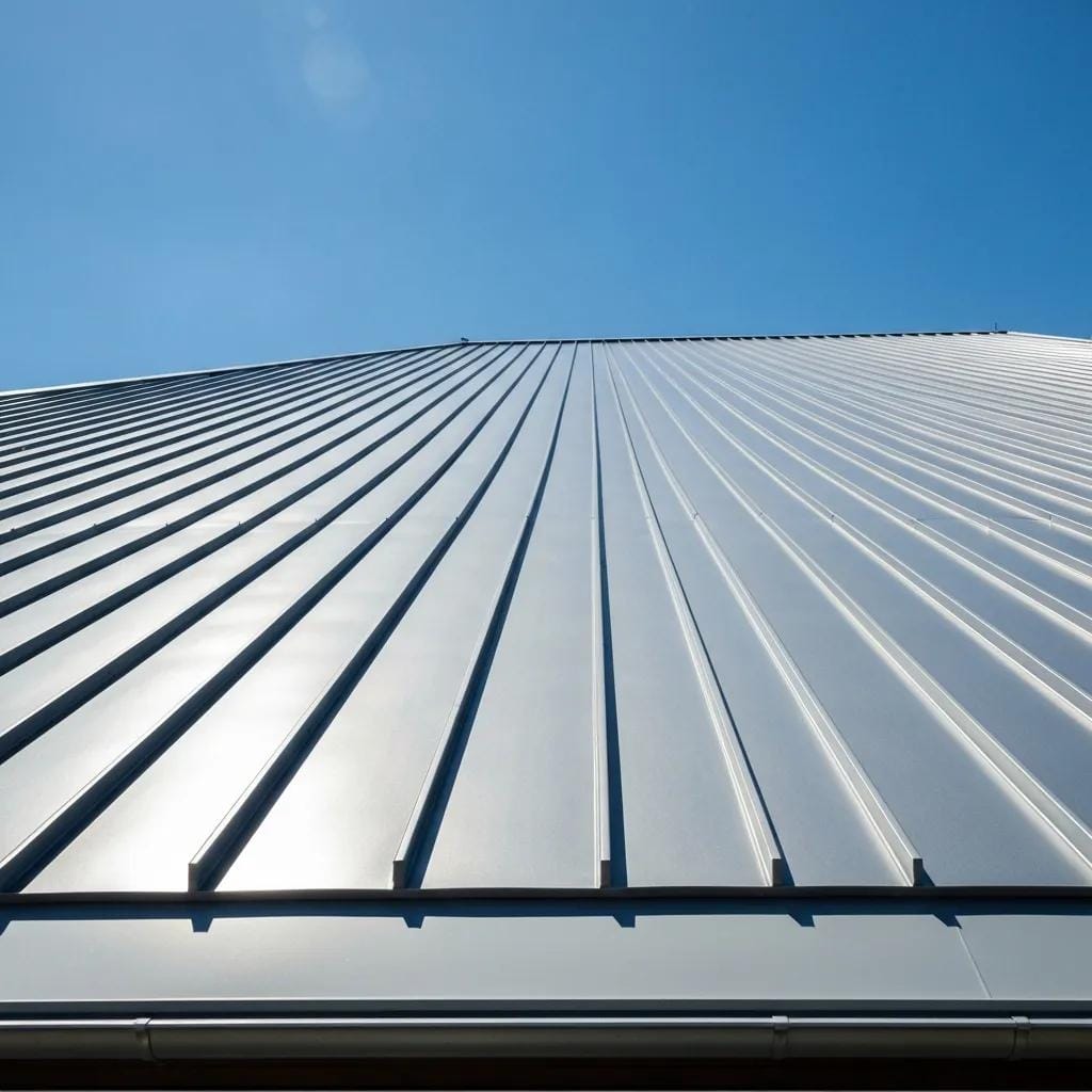 A detailed view of a modern metal roof on a house, emphasizing its toughness and energy-saving features
