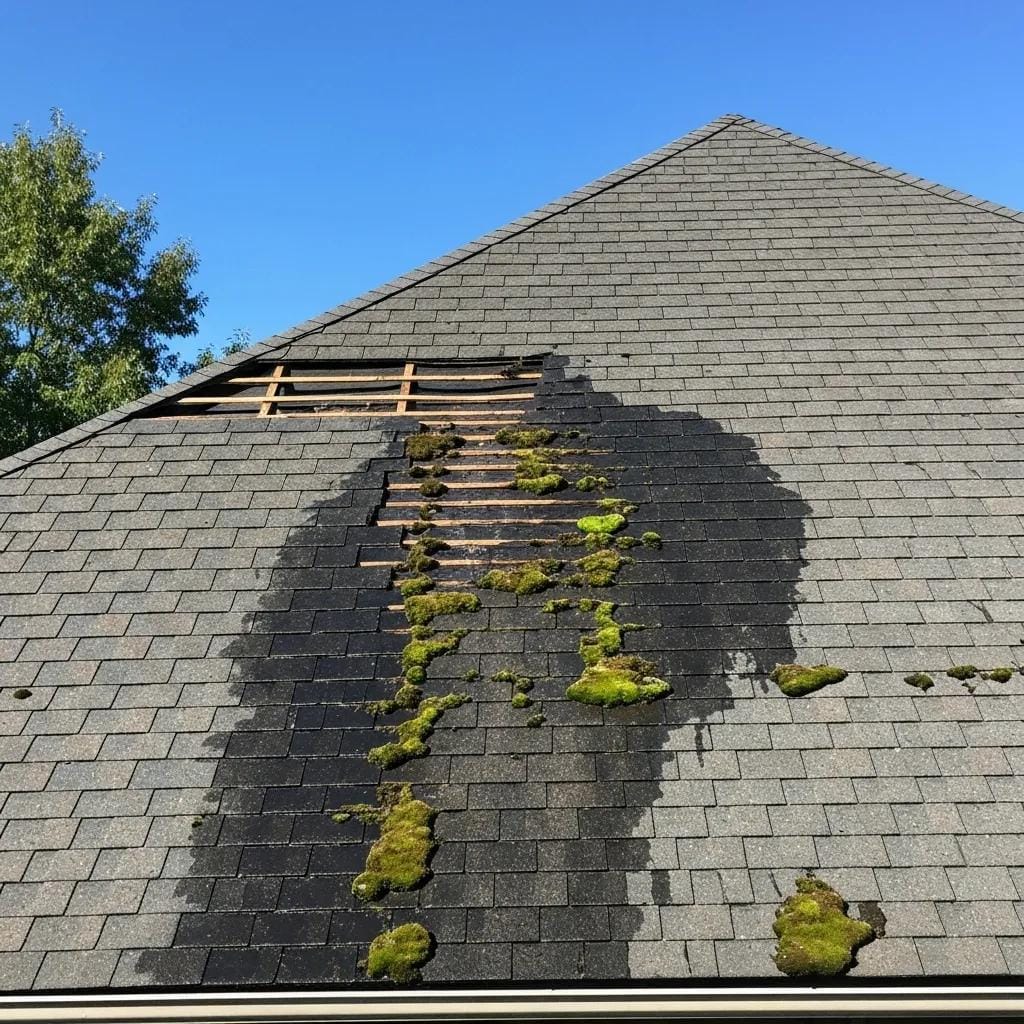 Residential roof with visible warning signs of damage including missing shingles and water stains