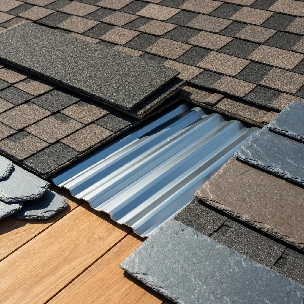 Diverse roofing materials including asphalt shingles, metal panels, and slate tiles displayed on a wooden surface