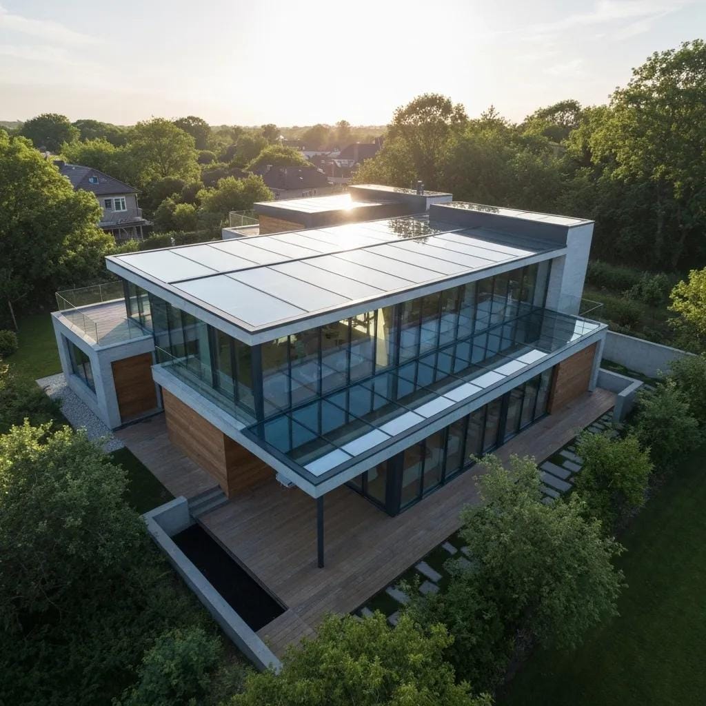 A contemporary home featuring a reflective metal roof, showcasing its energy efficiency under a bright sun