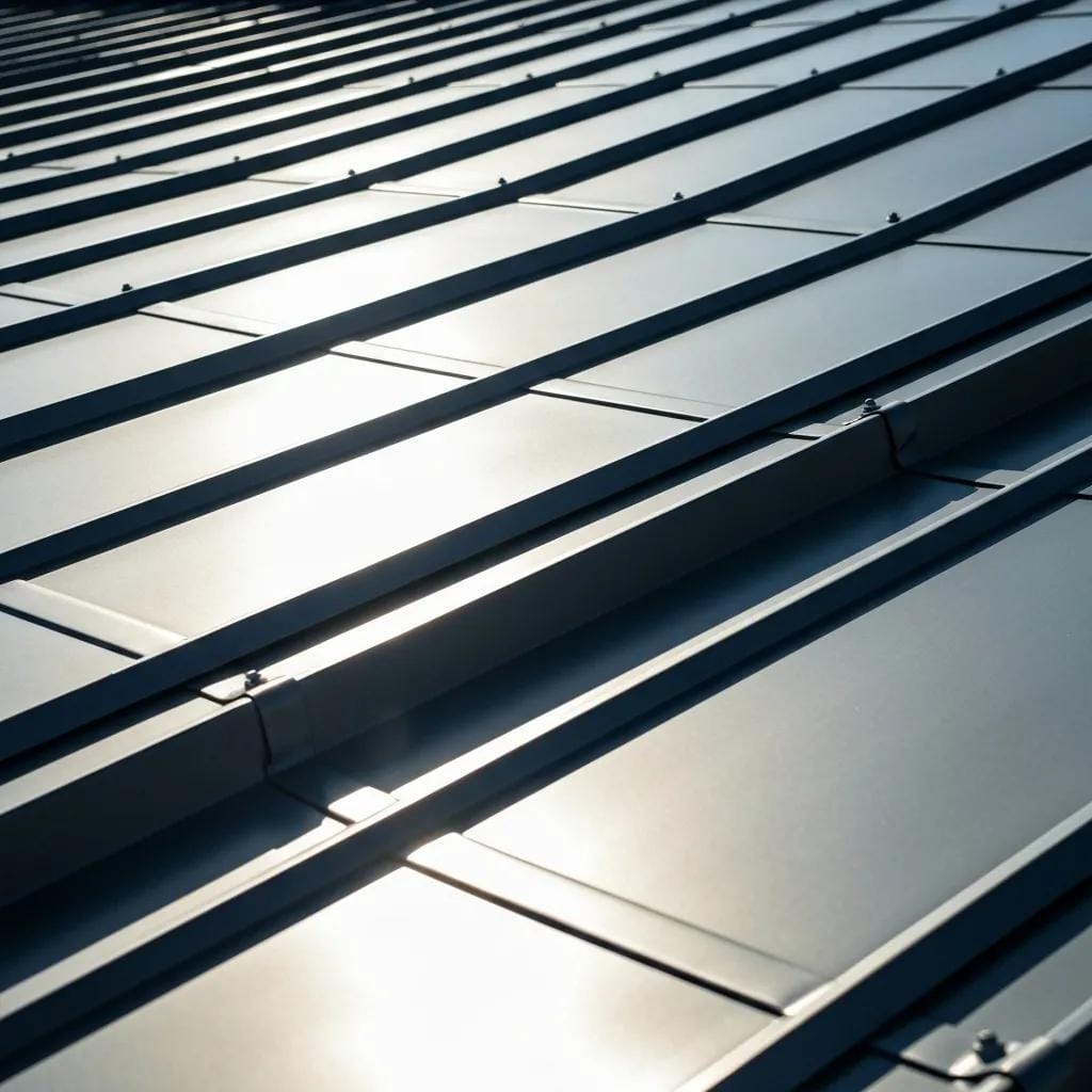 Close-up of a metal roofing system highlighting interlocking seams and concealed fasteners