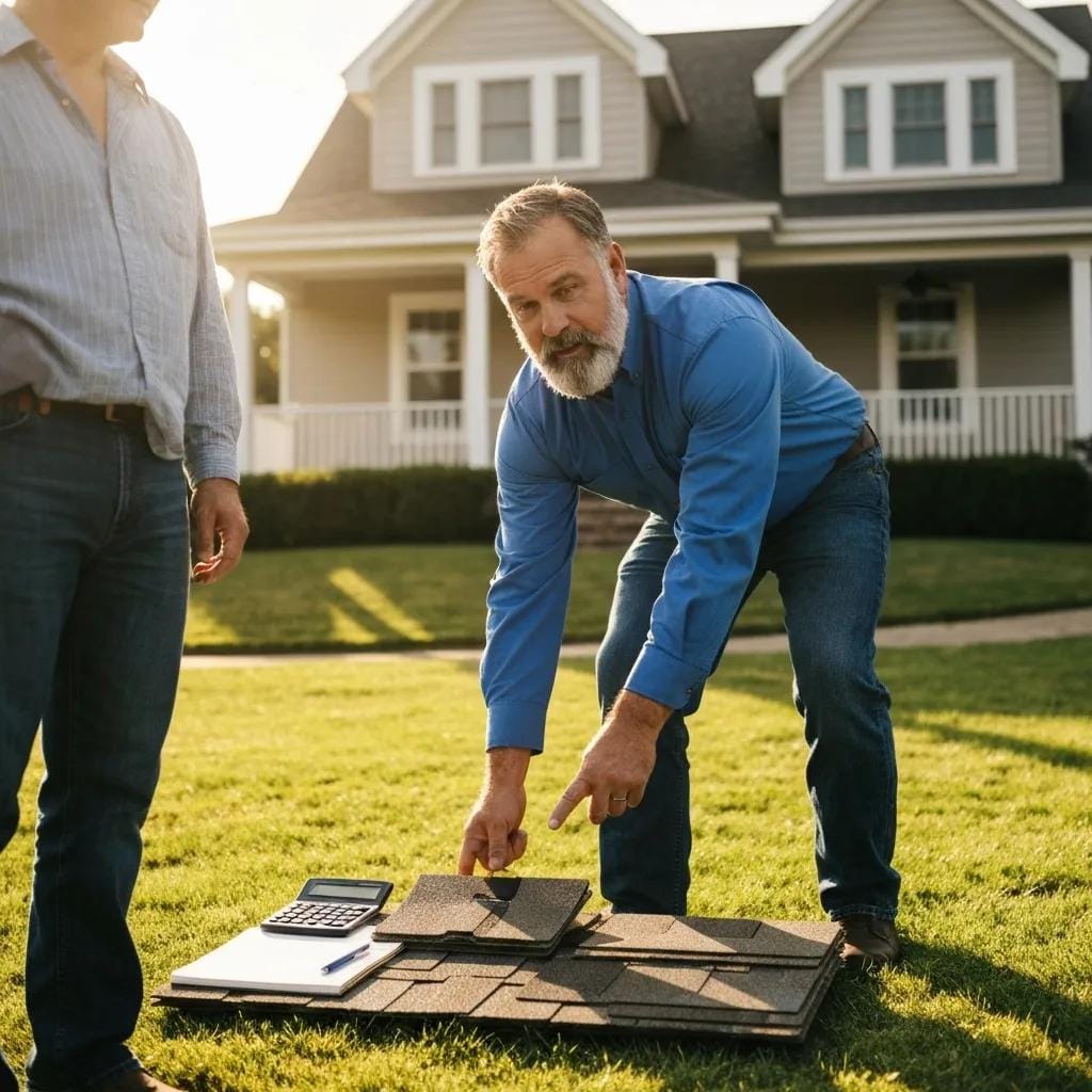A roofing contractor explaining roof replacement costs to a homeowner in Collegeville