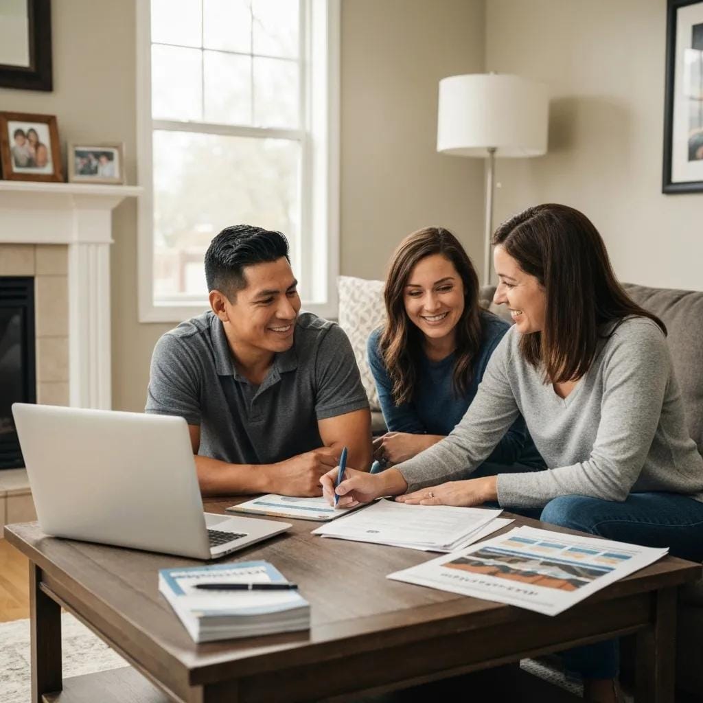 Family discussing roof financing options in a cozy living room setting