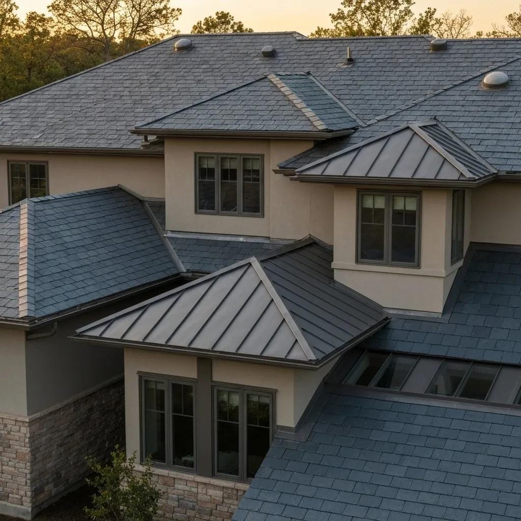 A selection of roofing materials, including asphalt shingles, metal panels, and slate tiles, displayed together