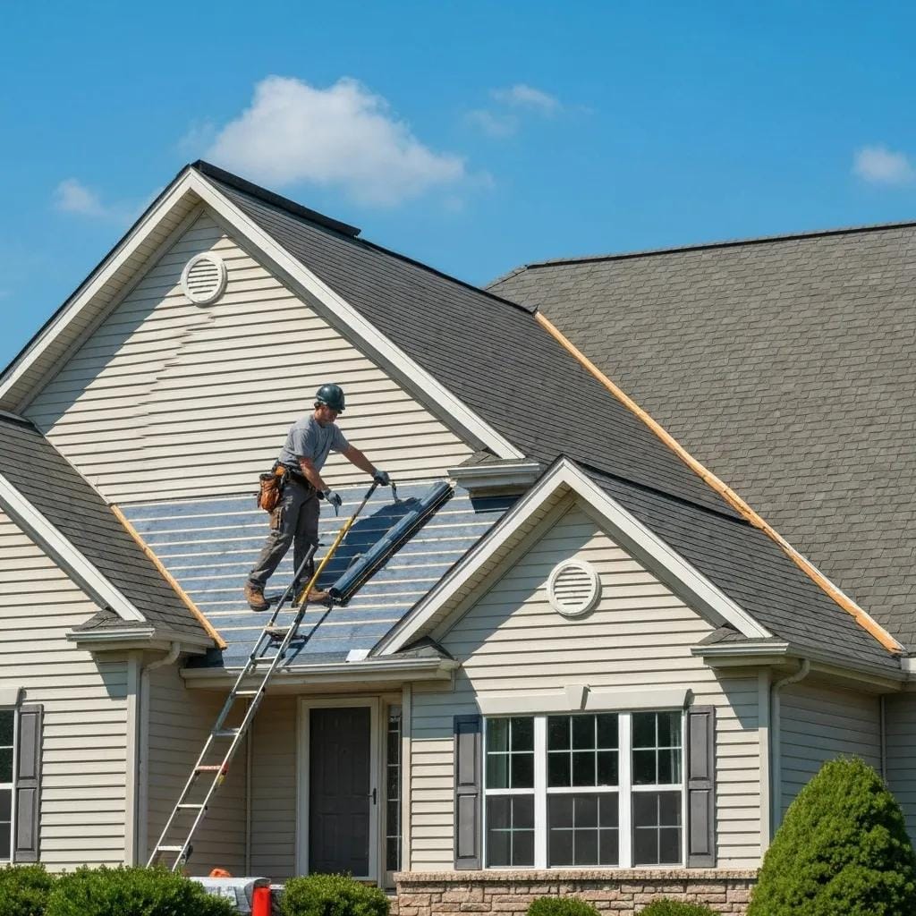 Professional roofing contractor installing a new roof on a suburban home in Collegeville, showcasing roof replacement methods