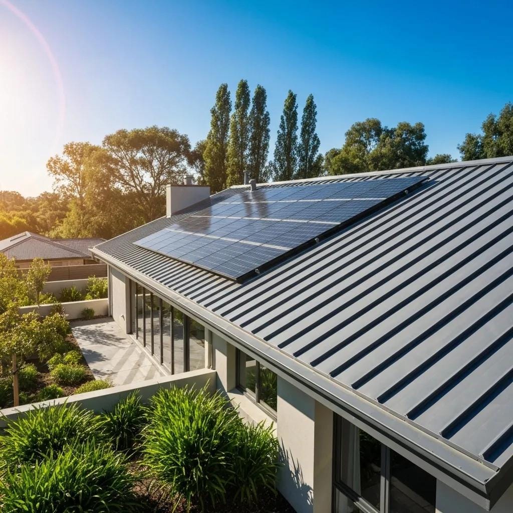 Modern home featuring a durable metal roof under clear skies, showcasing its aesthetic appeal and energy efficiency